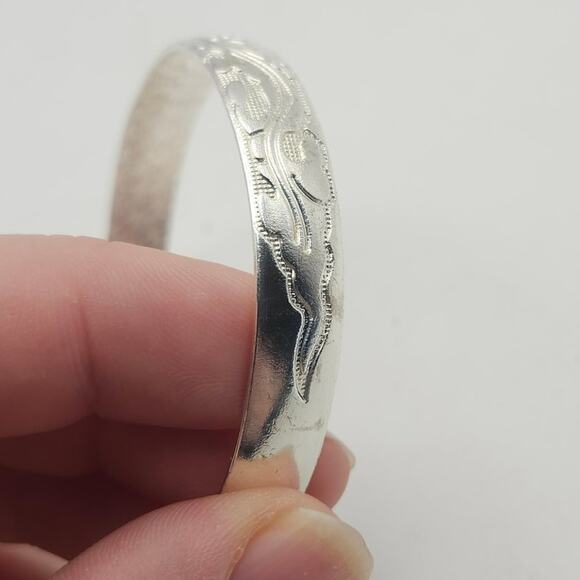 Marked 999 Fine Silver Floral Engraved Adjustable Open Cuff Bangle Bracelet - Picture 7 of 10